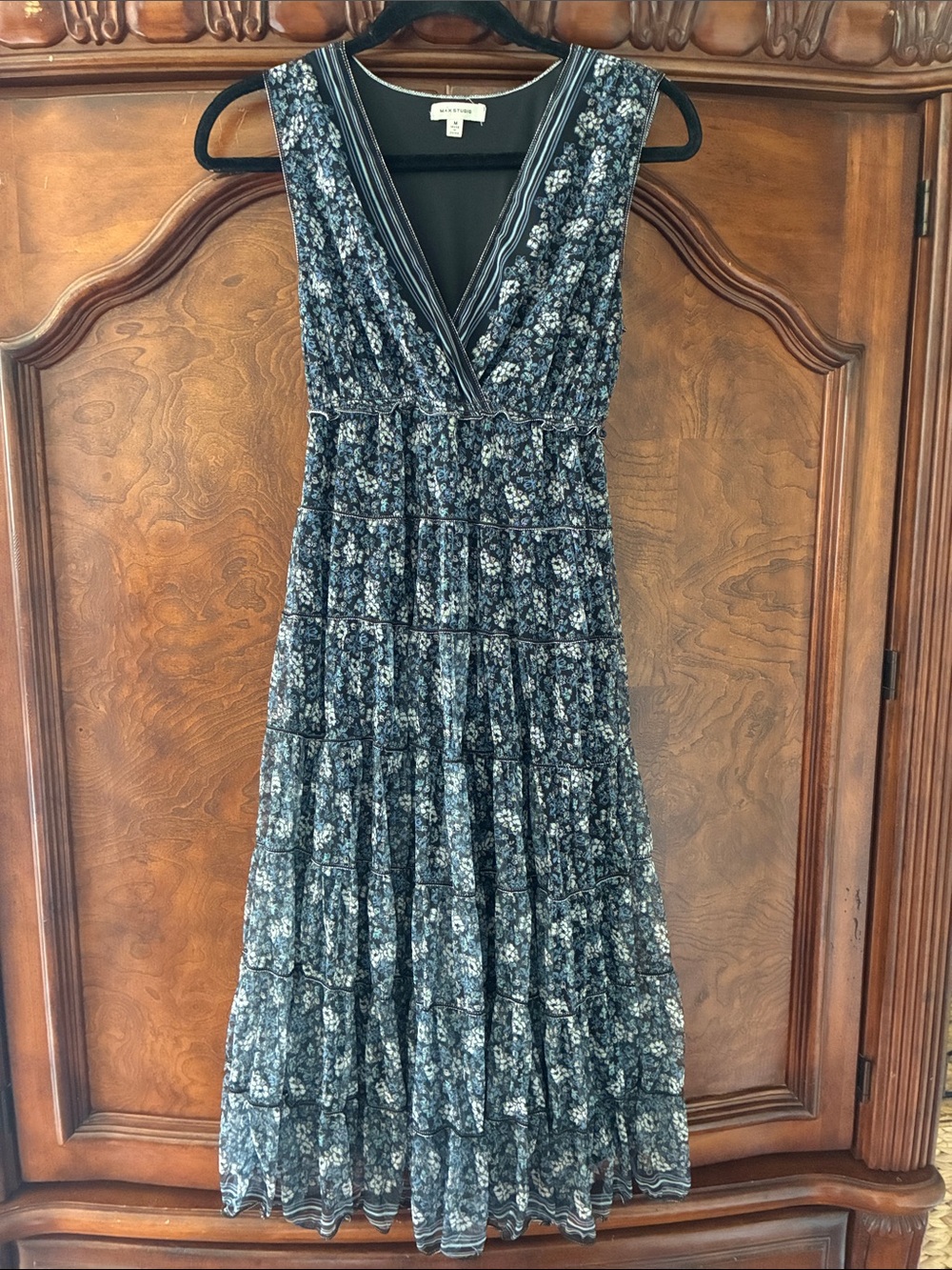 Max Studio Navy Floral V-Neck Tiered Midi Dress